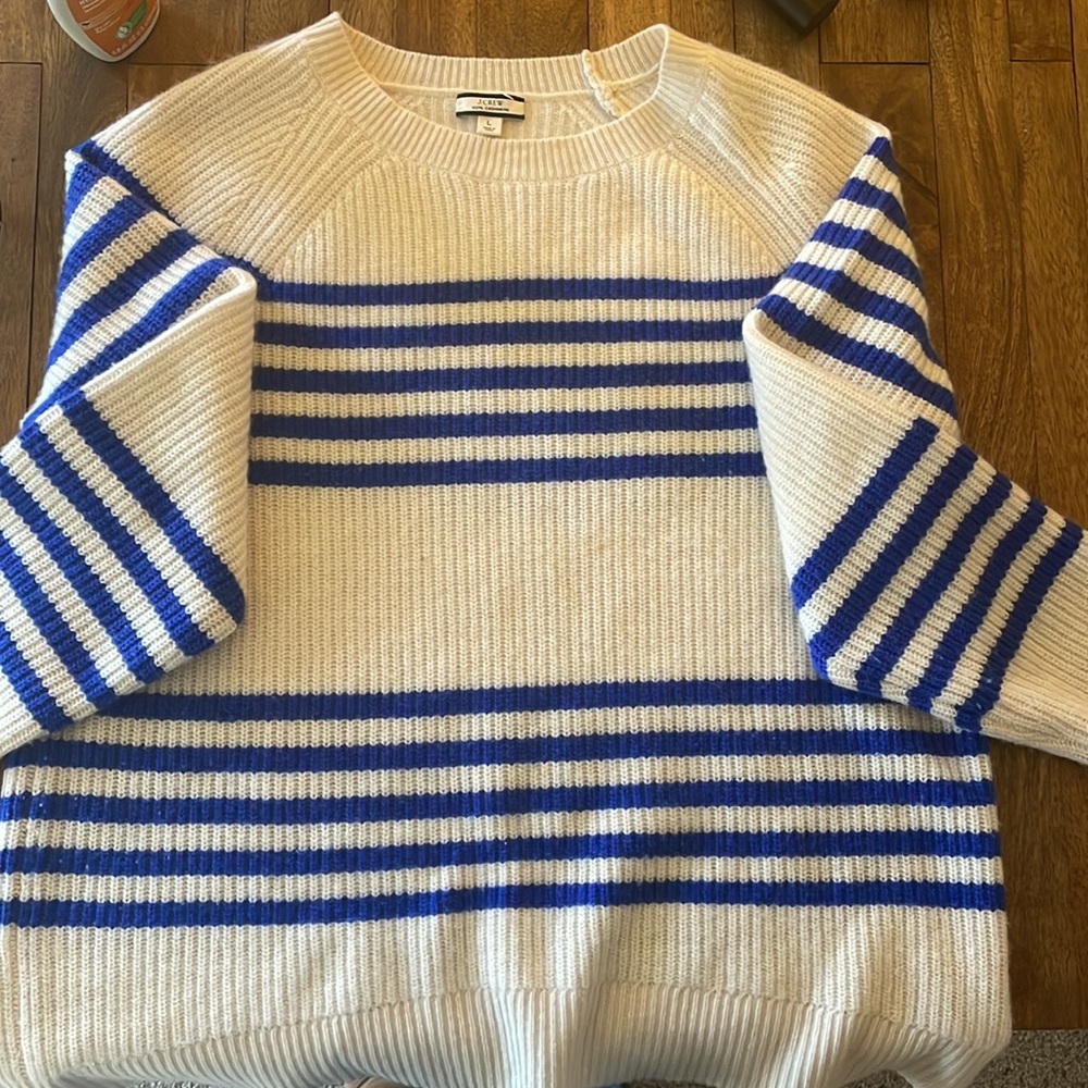 J Crew 100% cashmere blue and cream nautical striped sweater.